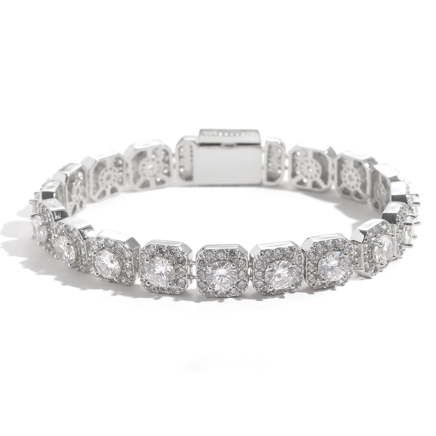 Aeterna Jewelry silver cushion halo tennis bracelet with white gemstones on white background