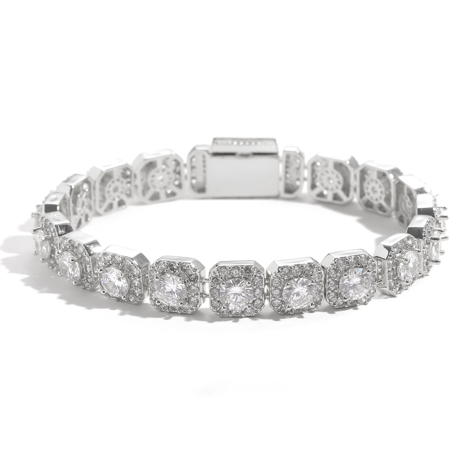 Aeterna Jewelry silver cushion halo tennis bracelet with white gemstones on white background