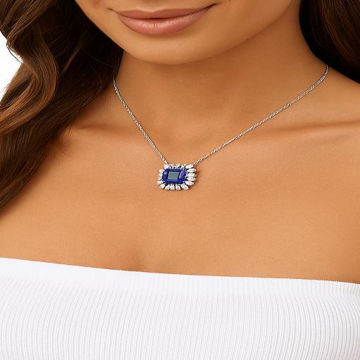 Model wearing sapphire and diamond necklace, minimalist British style portrait