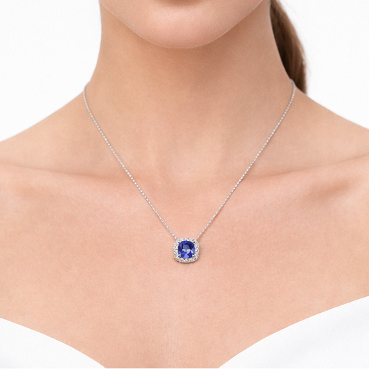 1.9ct Blue Sapphire Halo Pendant Necklace