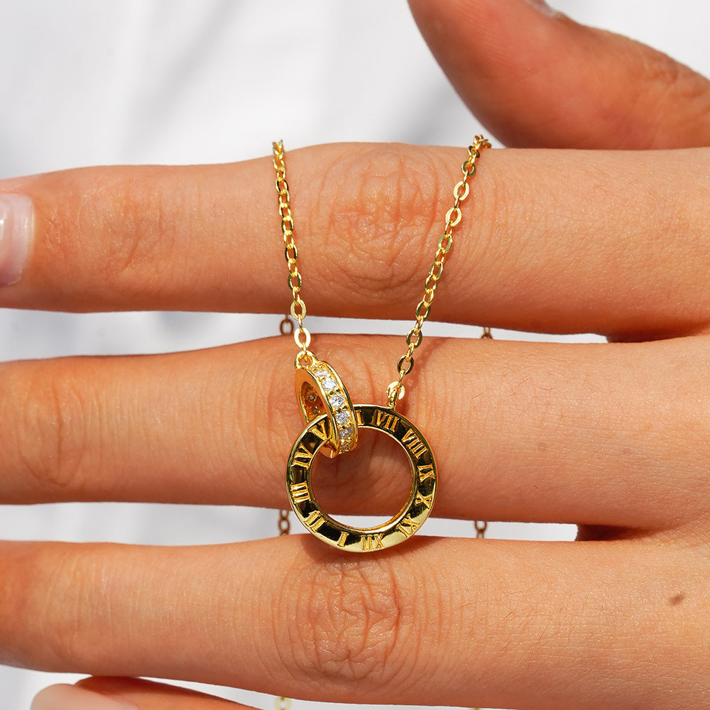 Roman Numeral Double Circle Pendant Necklace