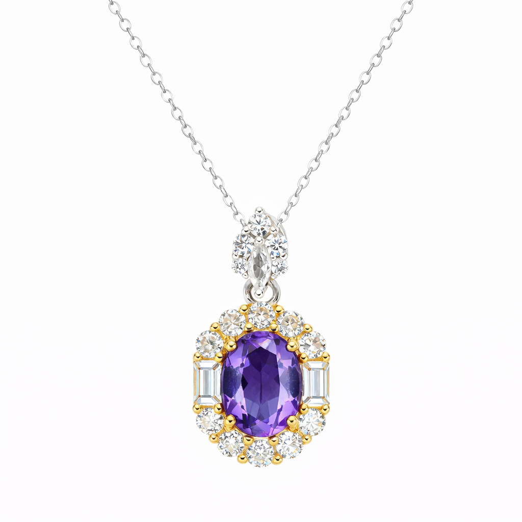 Oval amethyst halo pendant necklace on white background