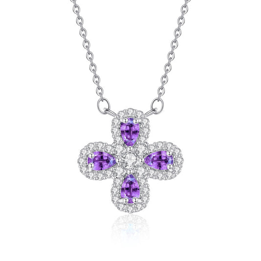Amethyst clover pendant necklace on white background