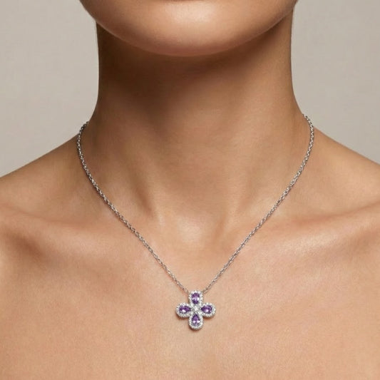 Amethyst clover necklace worn on model neck