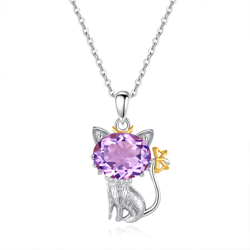 Sterling silver amethyst cat pendant necklace on white background
