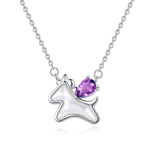 Amethyst unicorn pendant necklace on white background