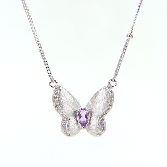 Amethyst butterfly pendant necklace in sterling silver