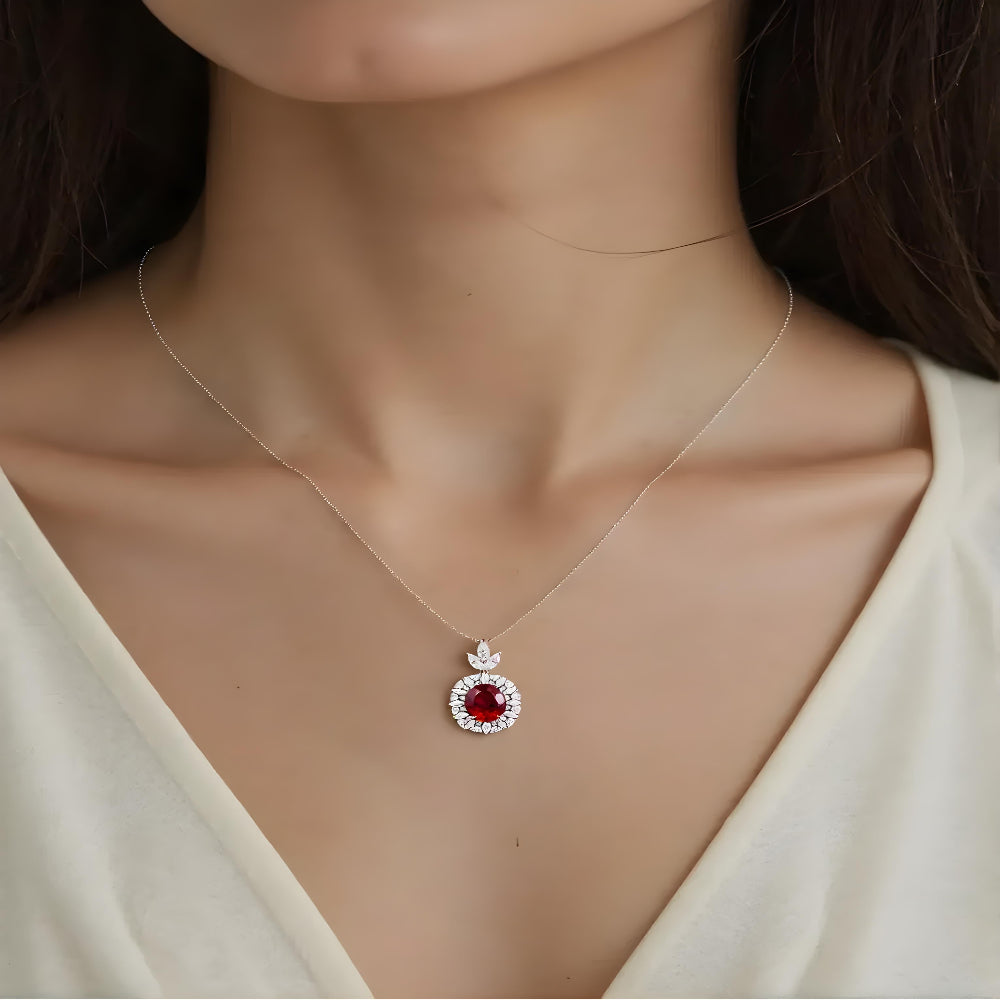 Aeterna Jewelry red ruby halo pendant necklace worn on model¡¯s neckline