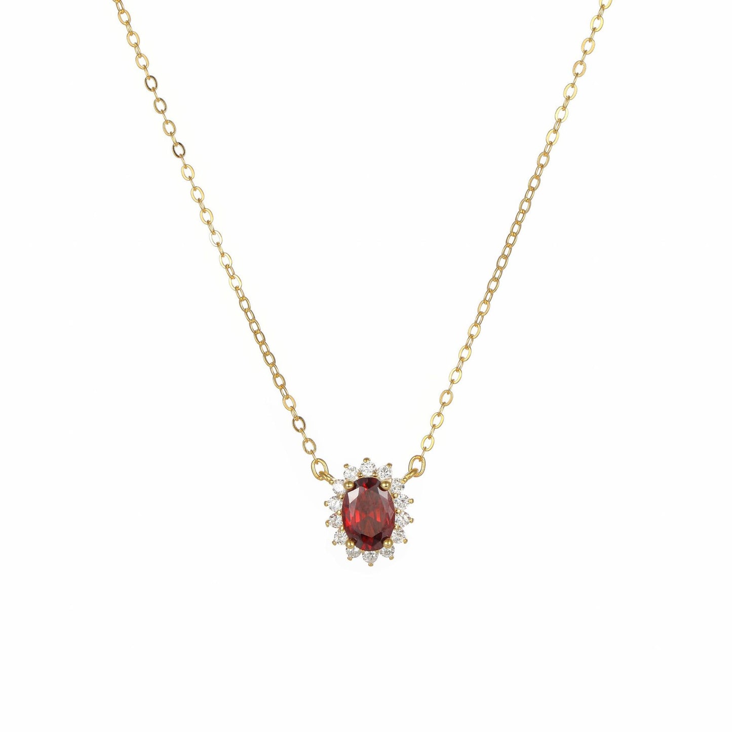 Garnet birthstone halo necklace on white background, gold-plated sterling silver