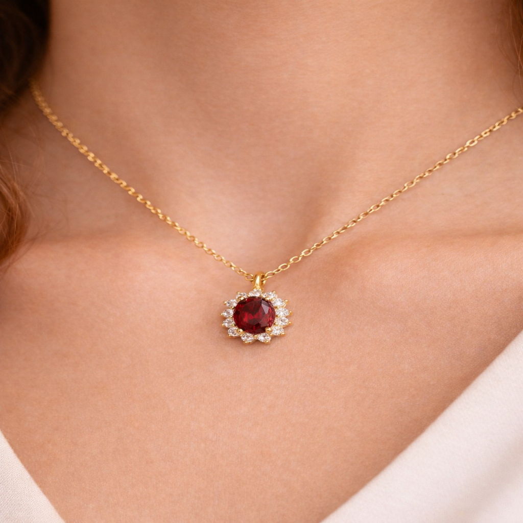 Garnet birthstone necklace worn on model, gold-plated sterling silver with halo setting